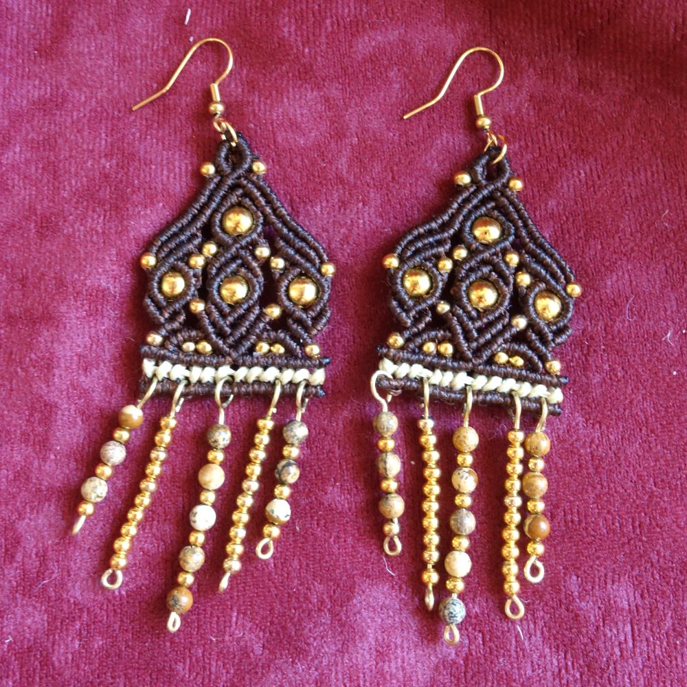 Golden Mirage – Μακραμε σκουλαρίκια με Picture Jasper - Image 3