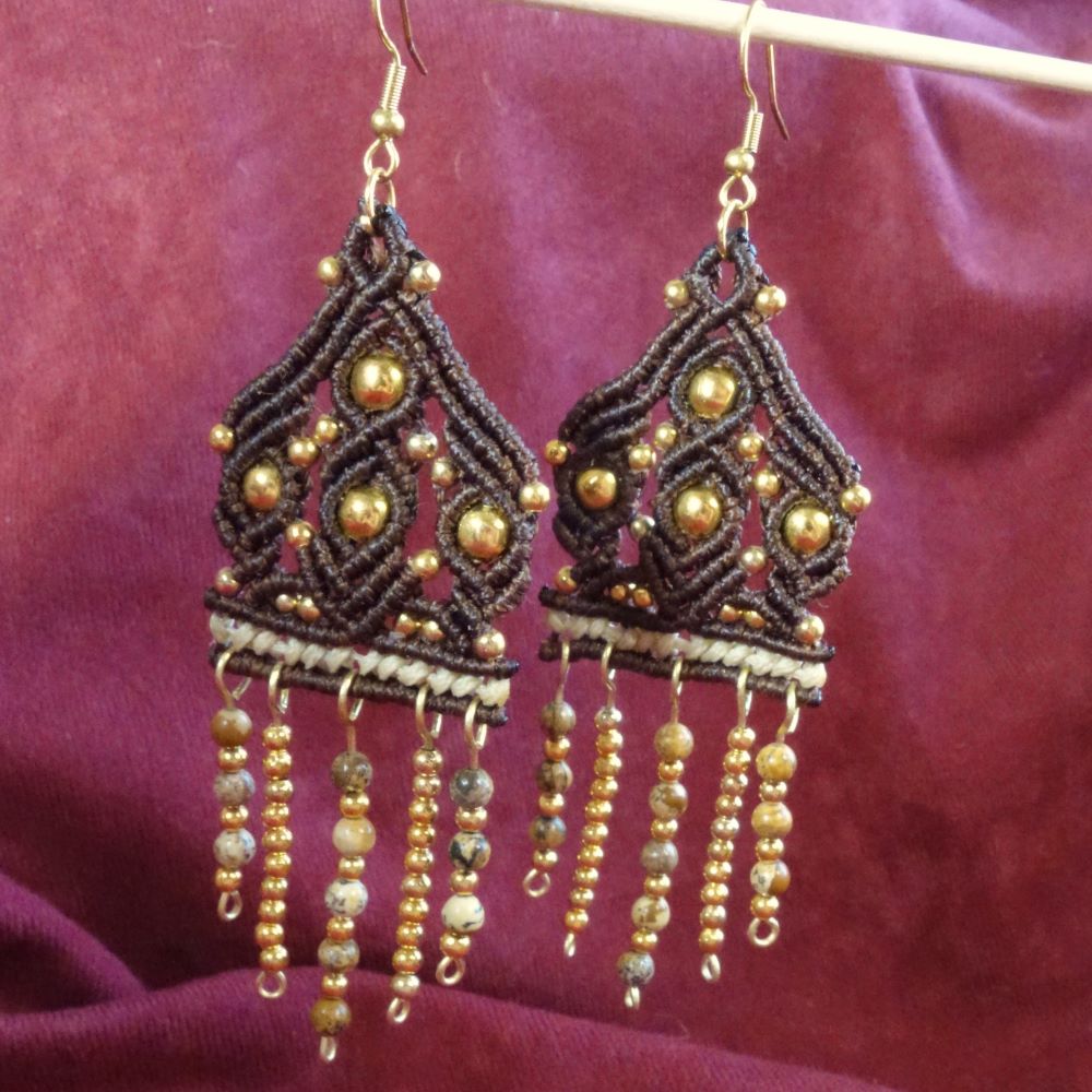 Golden Mirage – Μακραμε σκουλαρίκια με Picture Jasper - Image 4