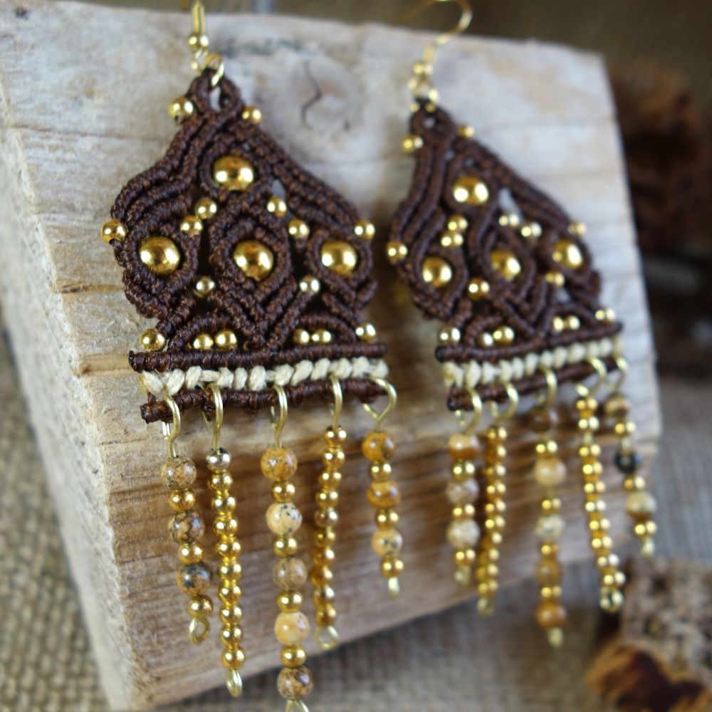 Golden Mirage – Μακραμε σκουλαρίκια με Picture Jasper - Image 2