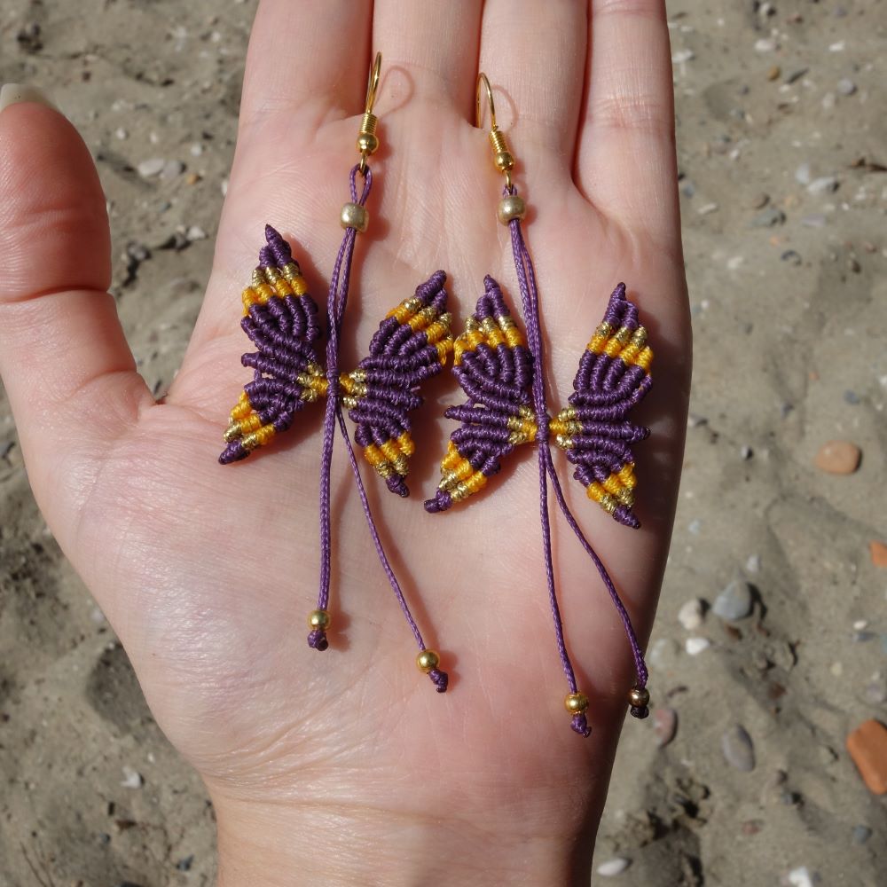 Butterfly Flow - Μακραμε σκουλαρίκια σε μωβ και πορτοκαλί - Image 2