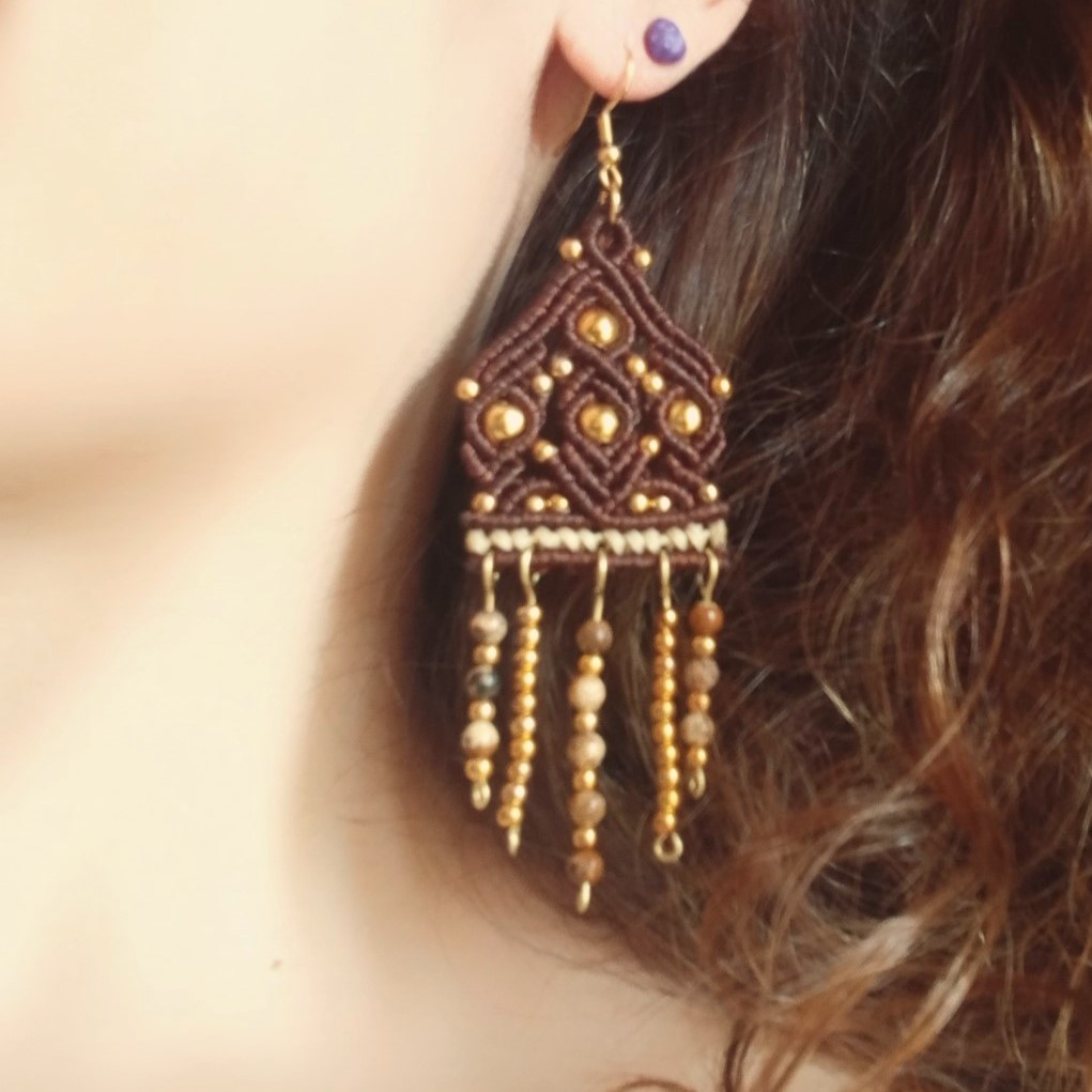 Golden Mirage – Μακραμε σκουλαρίκια με Picture Jasper - Image 5