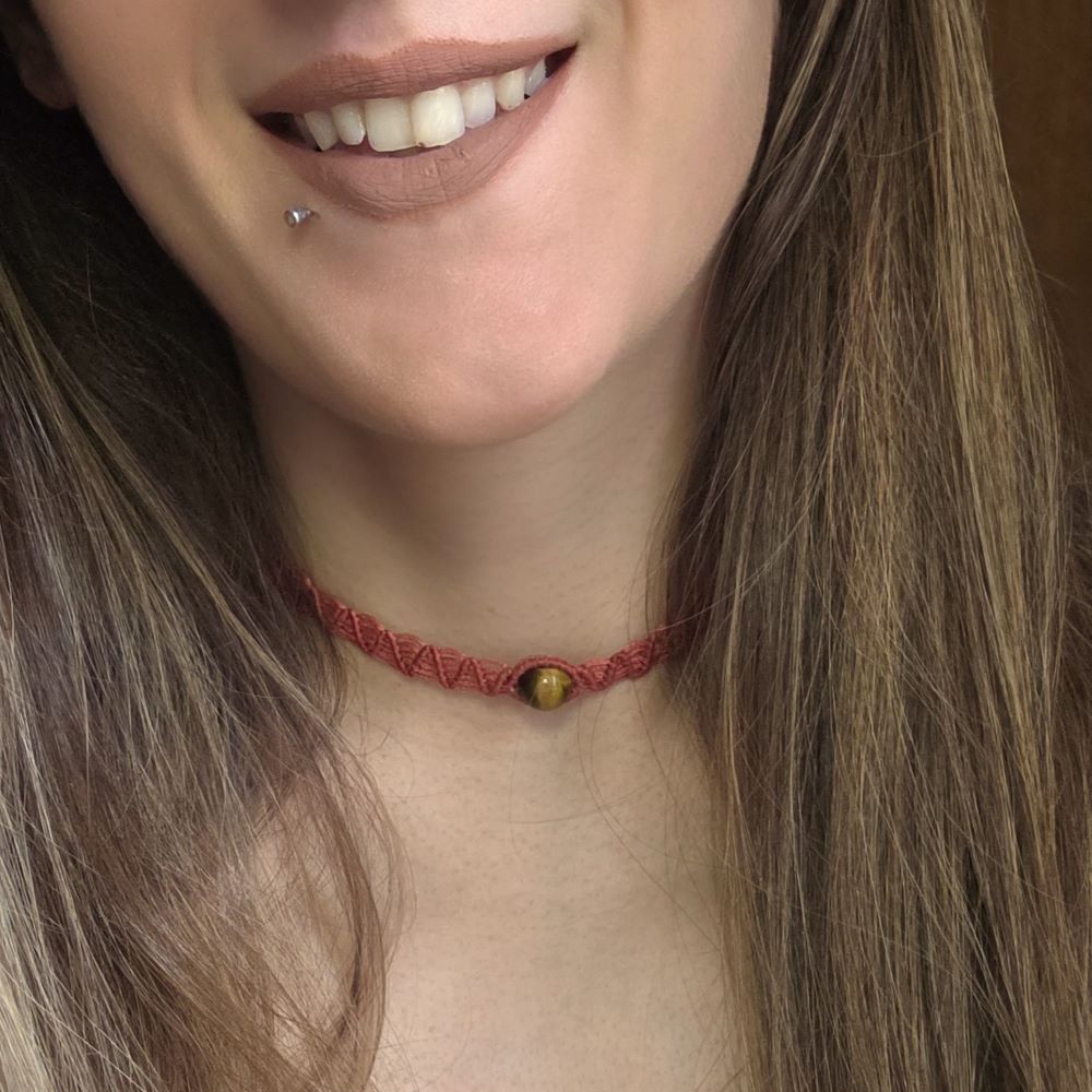 Golden Gaze -Χειροποίητο μακραμε τσόκερ με Μάτι Τίγρης σε σομόν - Image 3